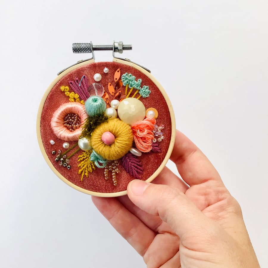 Embroidery Art, 3 inch mini floral textile hoop, hand stitched 3D organic art 