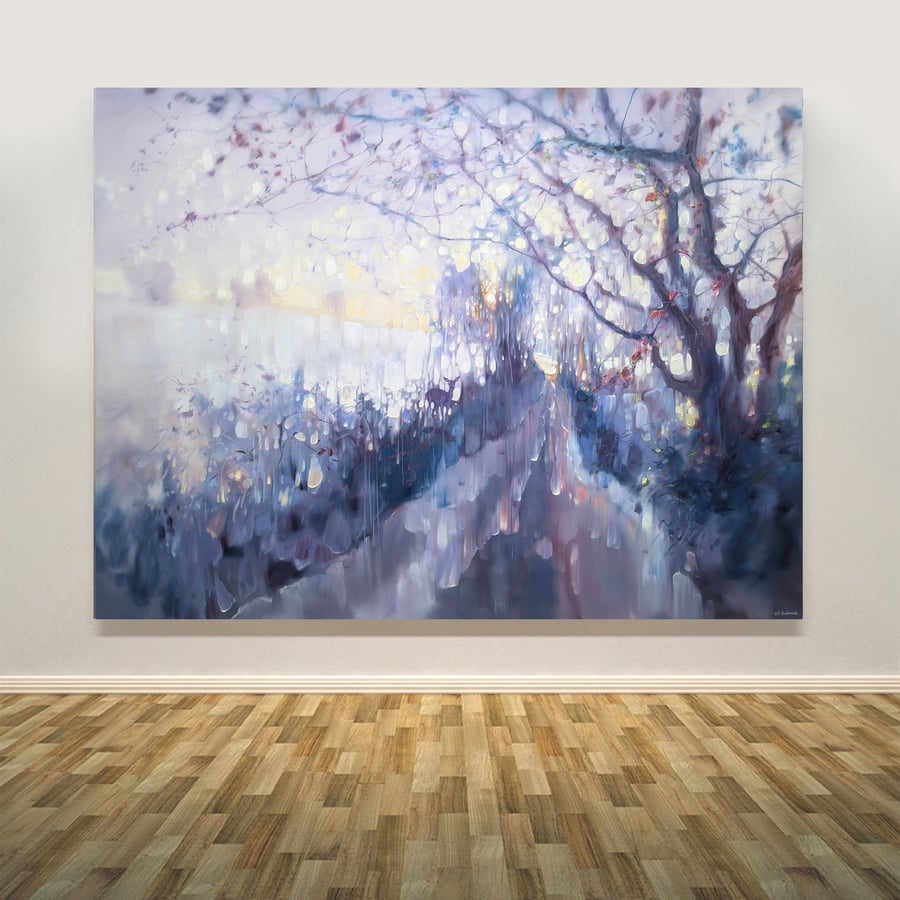 The Eldritch Hart is a large original oil painting of winter with deer