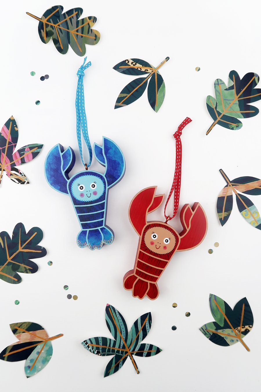 Lobster hanging ornaments for Christmas tree, set of 2 decorations.