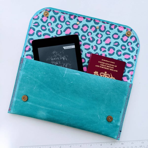 Leather passport wallet for travel documents, e-reader, cards and money