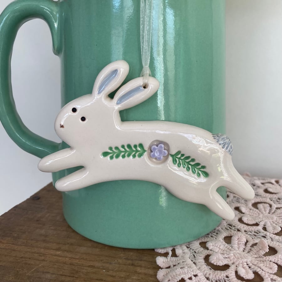 Ceramic Leaping Easter Bunny decoration lilac flower