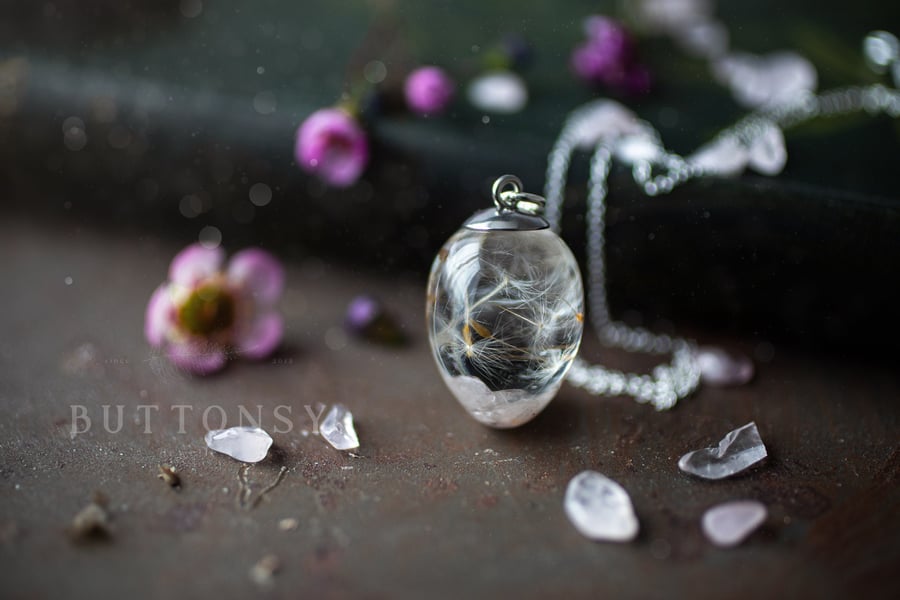 Rose Quartz and Dandelion Wish Necklace - Dandelion Seed Necklace Raw Stone Neck