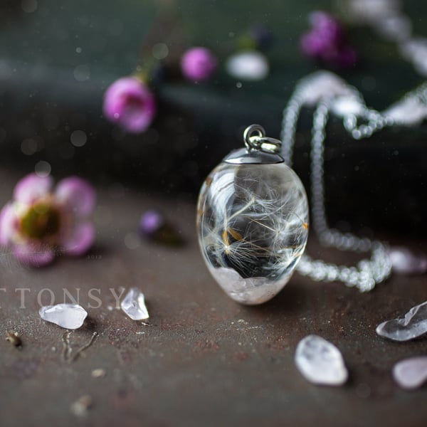 Rose Quartz and Dandelion Wish Necklace - Dandelion Seed Necklace Raw Stone Neck