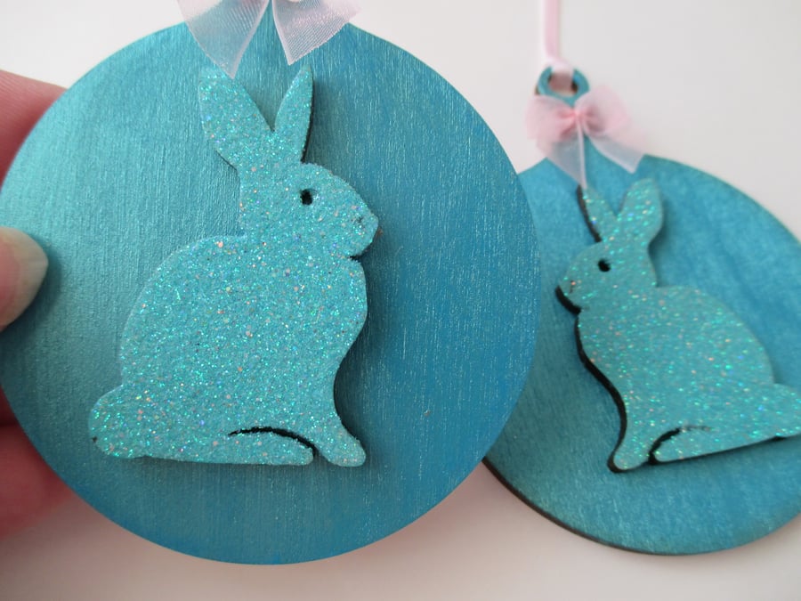 SALE 2 x Bunny Rabbit 2D Bauble Hanging Decoration Blue Glitter Wooden Glittery