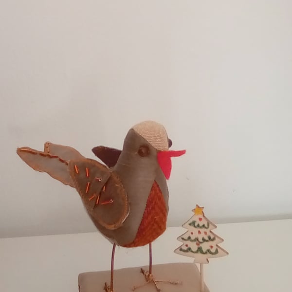 Christmas Robin, Fabric Robin, handmade Robin, Beaded Robin
