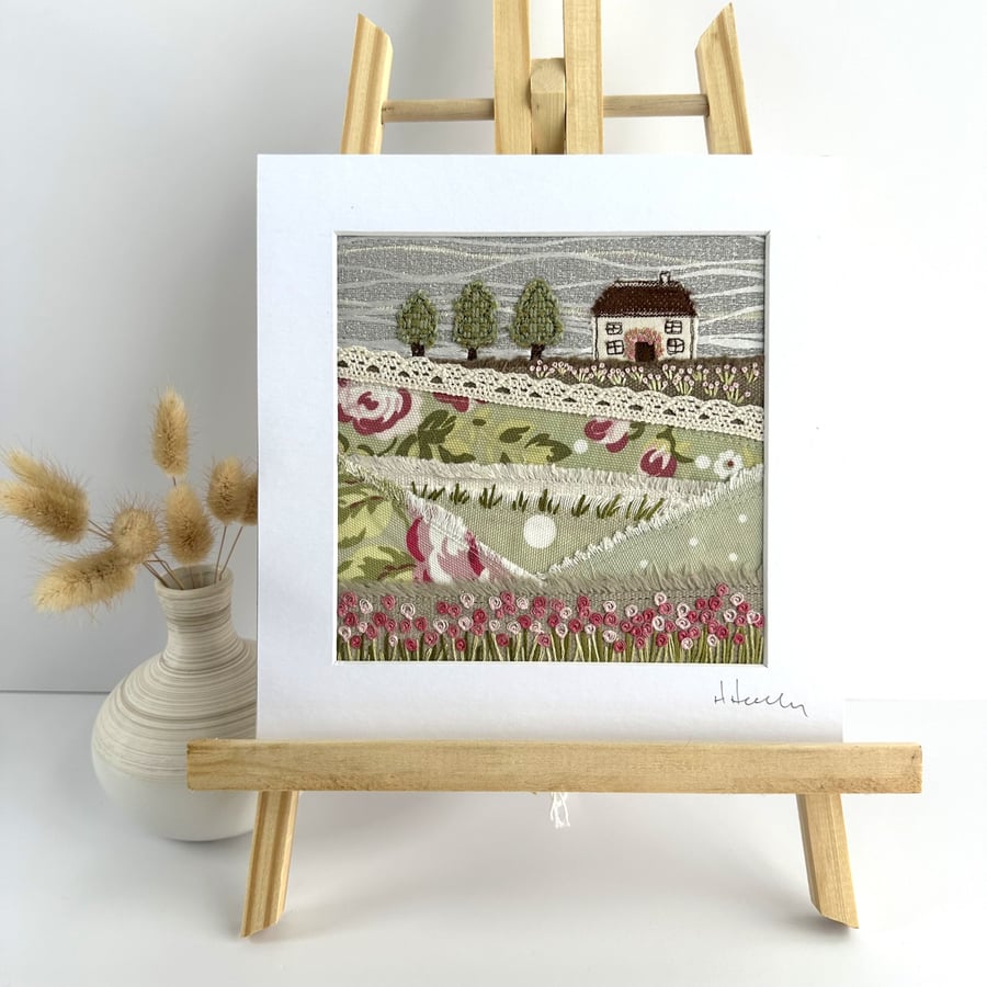 Textile Art, Embroidered Art, Mounted Wall Art - Cottage Garden
