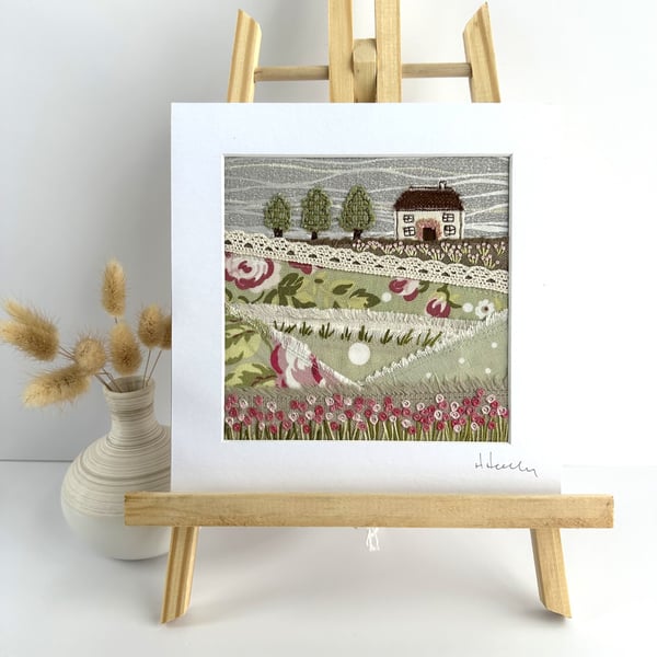 Textile Art, Embroidered Art, Mounted Wall Art - Cottage Garden