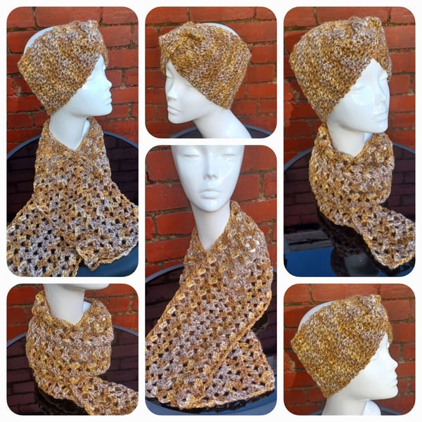 Crochet long scarf and wide headband set mustard beige
