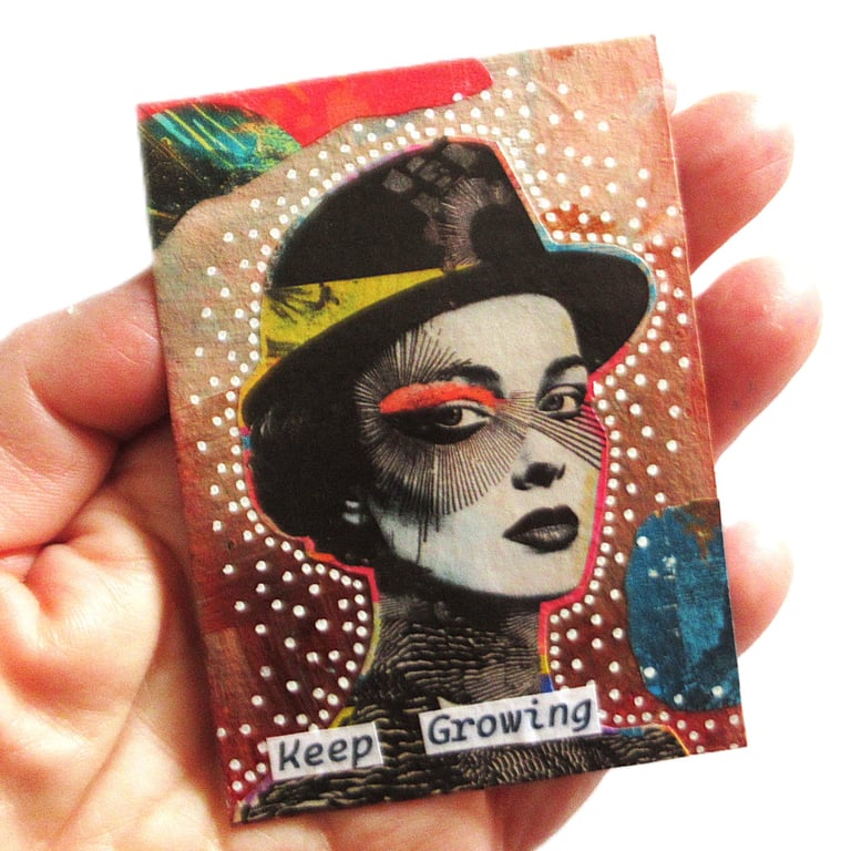 Inspirational Miniature Art ACEO Female Portrait Art KEEP GROWING Feminist Quote