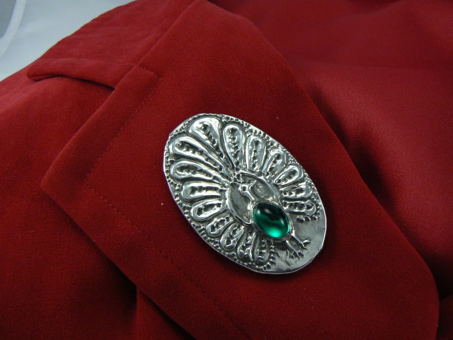 Pewter peacock brooch