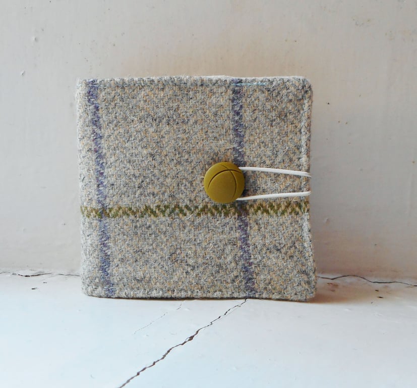 Recycled fabric teabag or card wallet in harris tweed and cotton