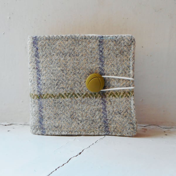 Recycled fabric teabag or card wallet in harris tweed and cotton