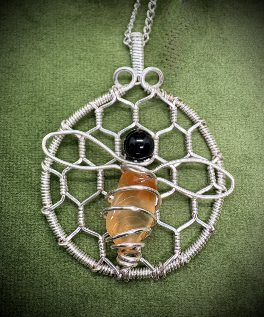 Silver Bee pendant with Obsidian & Citrine