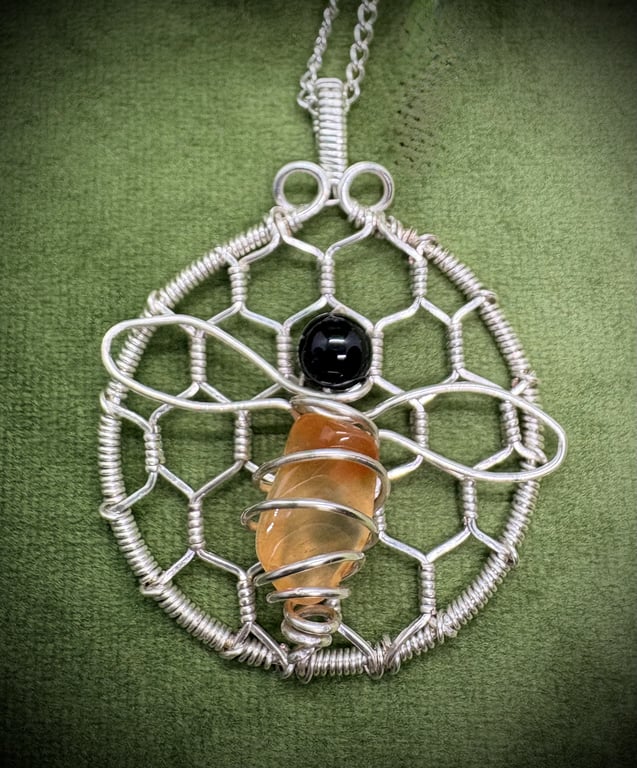 Silver Bee pendant with Obsidian & Citrine