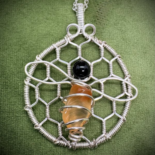 Silver Bee pendant with Obsidian & Citrine