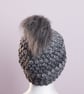 Hat and made crochet puff stitch with handmade faux fur detachable pompom grey - Image 4
