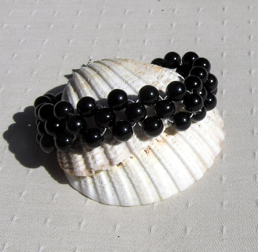 Black Onyx Crystal Gemstone Woven Gothic Cuff Beaded Bracelet "Midnight"