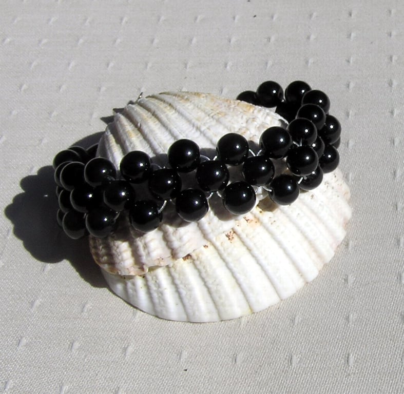 Black Onyx Crystal Gemstone Woven Gothic Cuff Beaded Bracelet "Midnight"