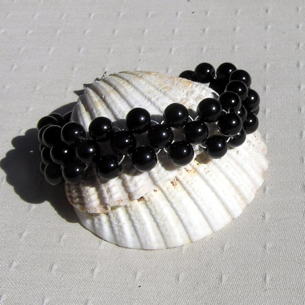 Black Onyx Crystal Gemstone Woven Gothic Cuff Beaded Bracelet "Midnight"