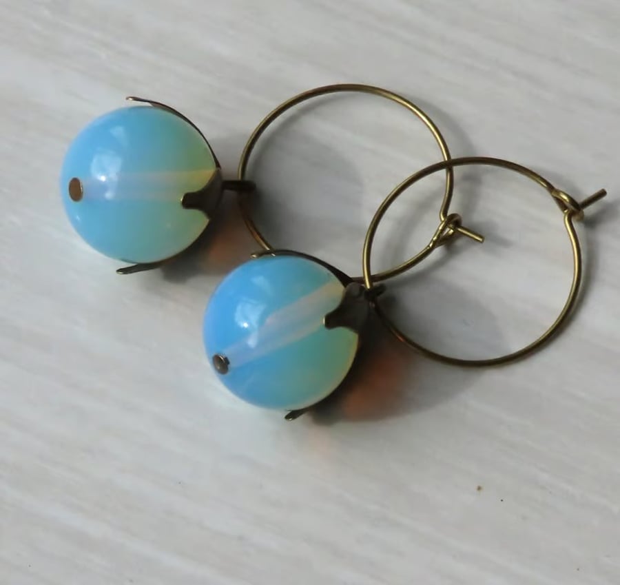 Earrings Opaline and Bronze Petal Caps on Pure hypoalergenic Brass Hoops