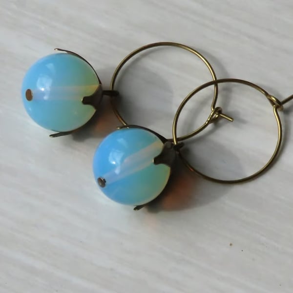 Earrings Opaline and Bronze Petal Caps on Pure hypoalergenic Brass Hoops