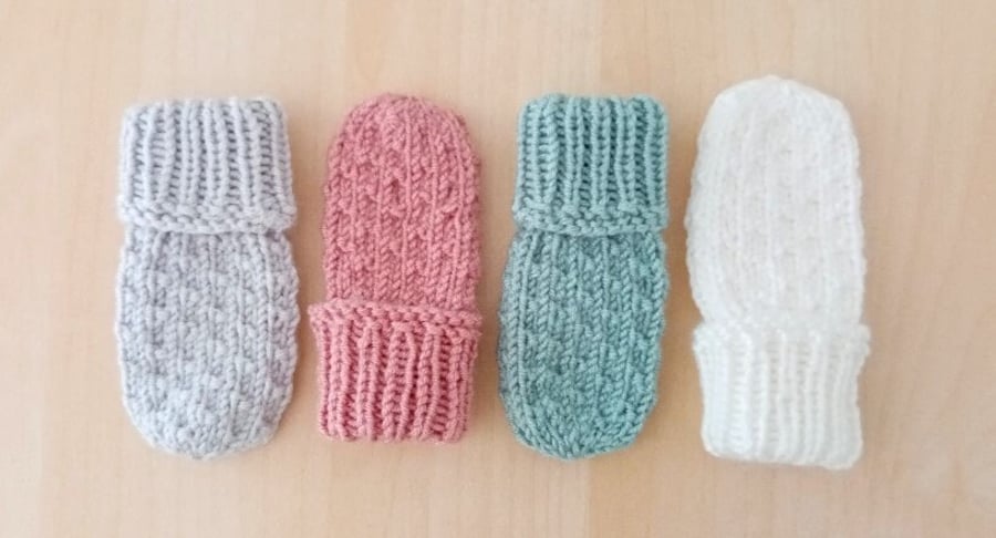 Newborn - 12 months Hand Knitted Baby Mitts Silver Dusty Pink Sage White
