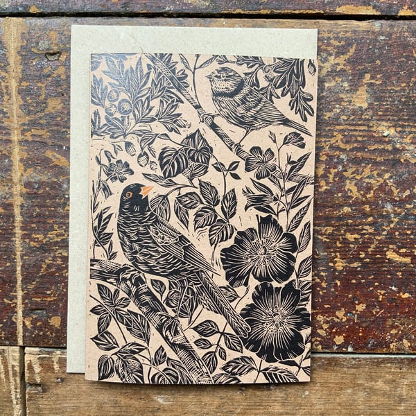 Linocut print - Blackbird - Greeting Card - Bird - Birthday Card - Nature Card -