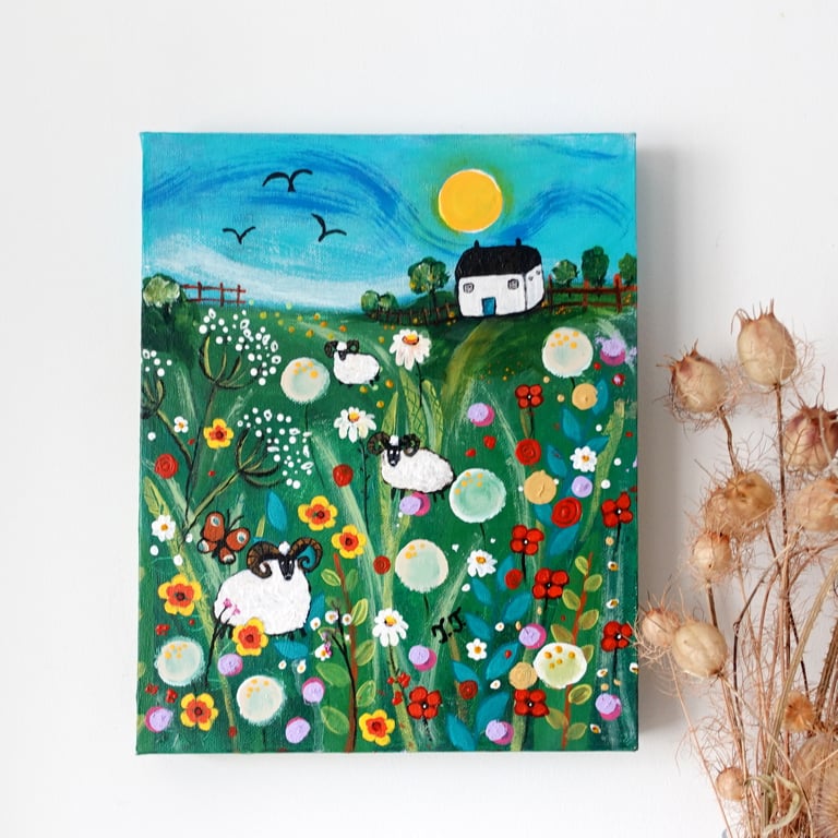 Whimsical Landscape Painting Folk Art, Countryside Artwork with Sheep and Meadow