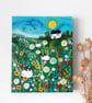 Whimsical Landscape Painting Folk Art, Countryside Artwork with Sheep and Meadow
