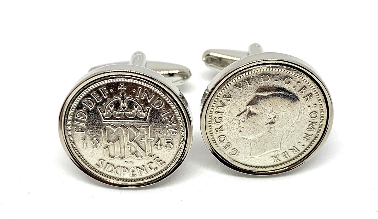 1945 Sixpence Cufflinks 80th birthday. Original sixpence coins Great gift HT