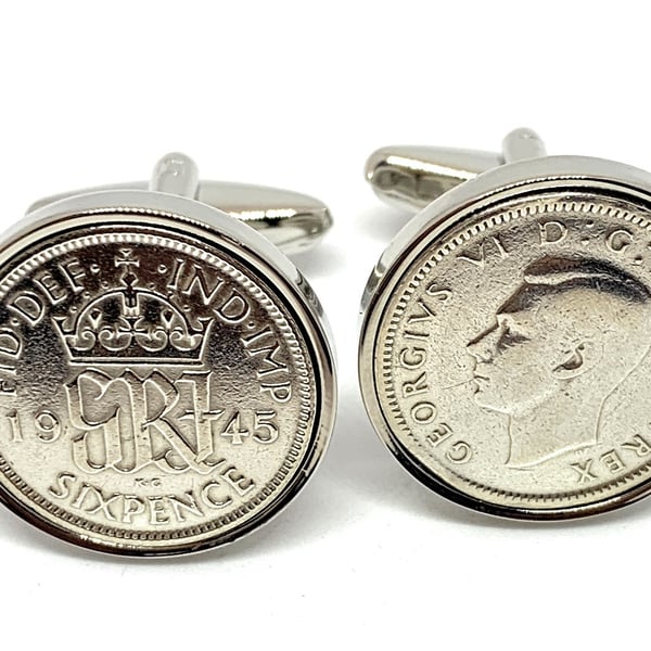1945 Sixpence Cufflinks 80th birthday. Original sixpence coins Great gift HT