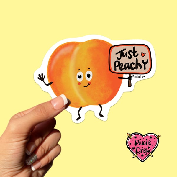 Hand Drawn Just Peachy Sticker – Cute Peach Character with Sign 