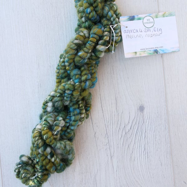 Green and Aqua Blue Coil Spun Bubble Art Yarn, Handspun on Drop Spindle, Green M
