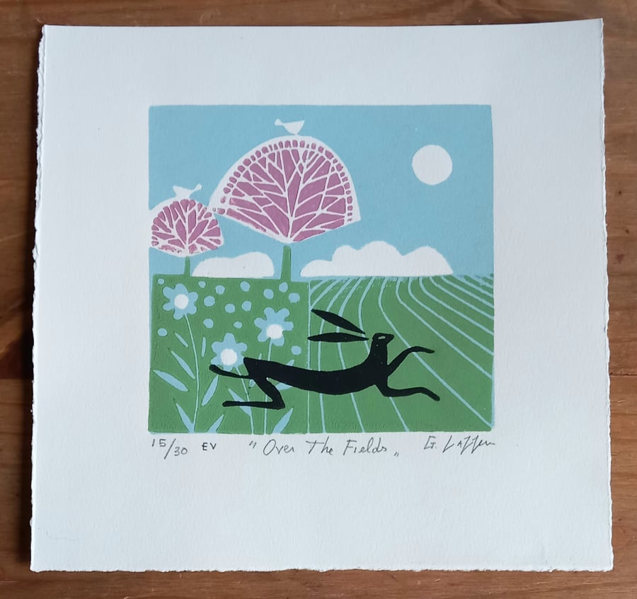 Hare and Spring Trees Limited Edition Linocut Artwork