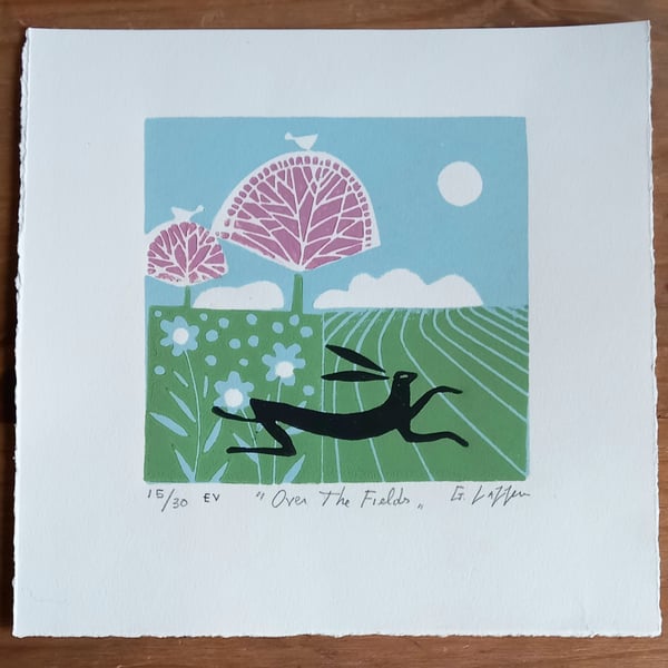 Hare and Spring Trees Limited Edition Linocut Artwork
