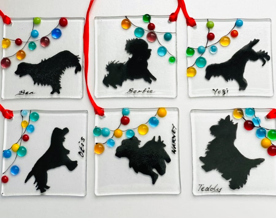 Personalised dog silhouette Christmas decoration -fused glass