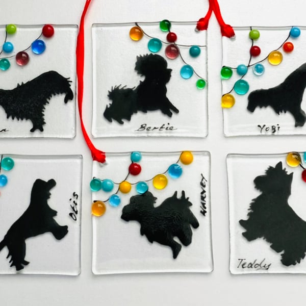 Personalised dog silhouette Christmas decoration -fused glass