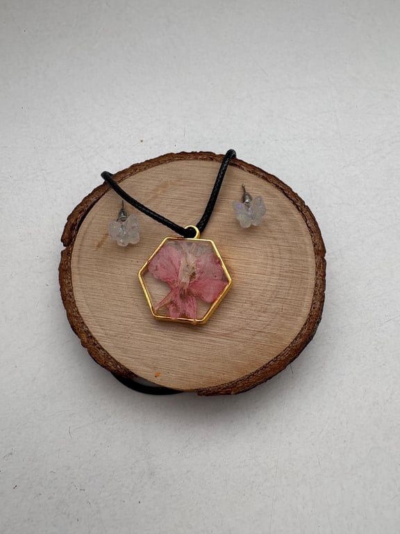 Real Dried Pink Flower Resin Necklace Earrings Set, Botanical Gold Pendant Jewel