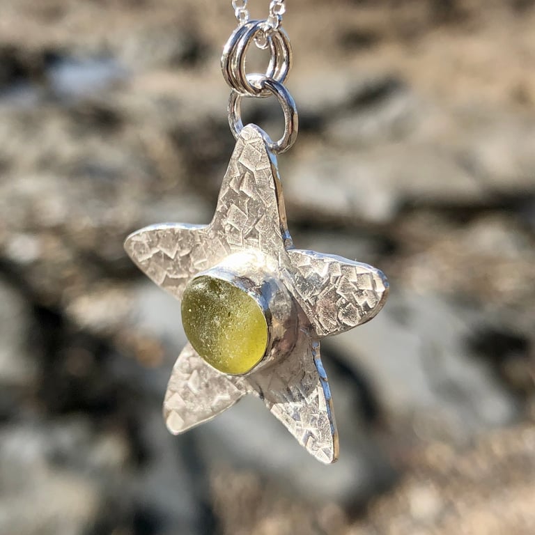 Olive Green Sea Glass and Sterling Silver Starfish Pendant Necklace 1140