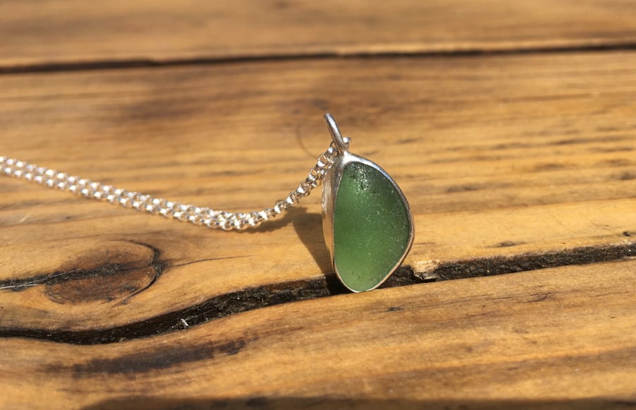 Handmade Welsh Moss Green Sea Glass and Silver Pendant With Silver Necklace