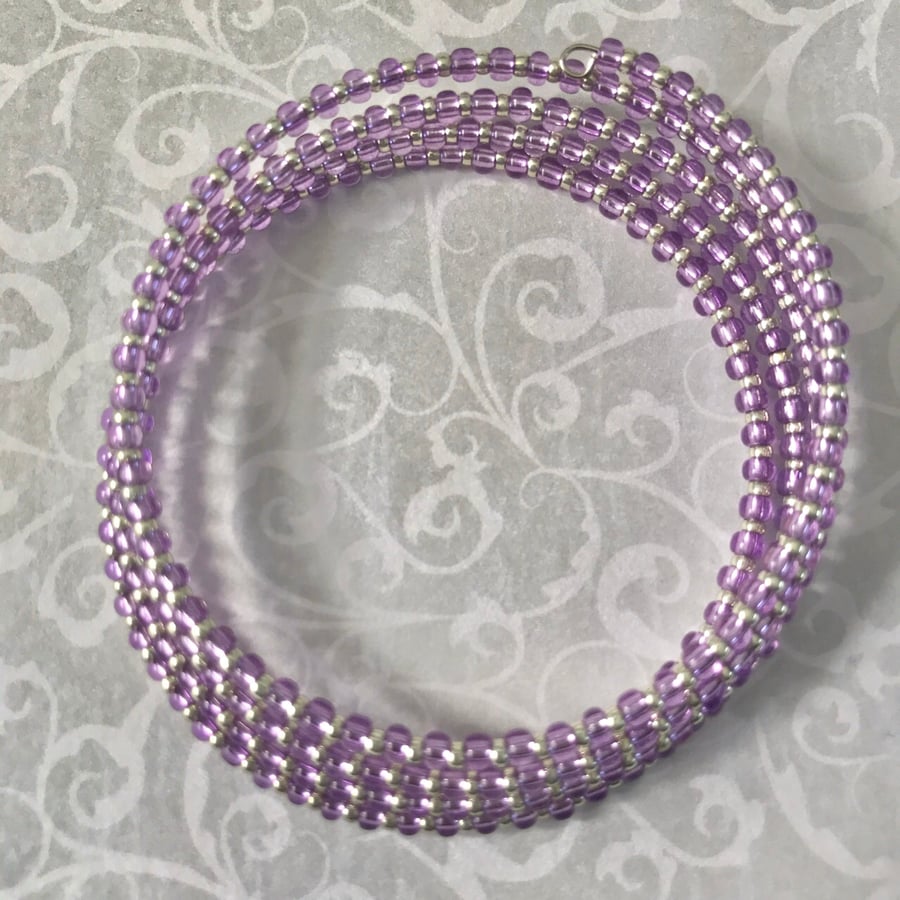 Purple & Silver Seed Beaded Memory Wire Bracelet