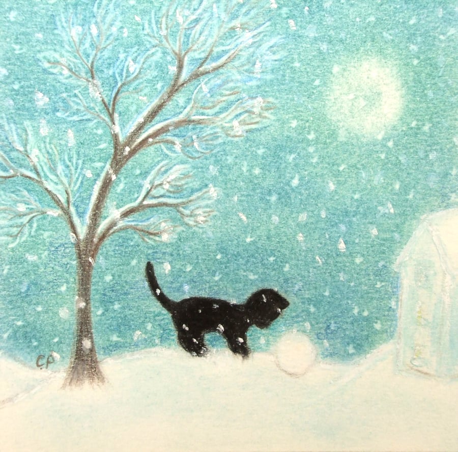 Christmas Card, Cat Tree Snow Card, Black Kitten Art Card, Xmas Kids Cards