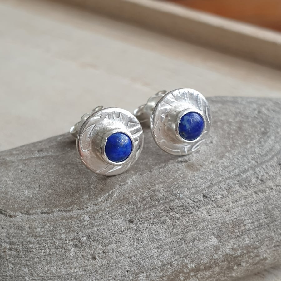 Silver disc earrings with lapis lazuli, Deep blue gemstones