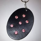 Black Leather Keyring with 7 Pink Gemstones - FREE SHIPPING