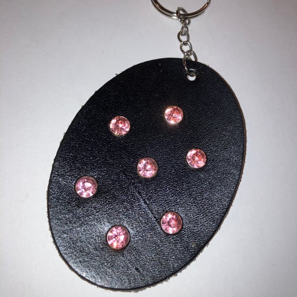 Black Leather Keyring with 7 Pink Gemstones - FREE SHIPPING