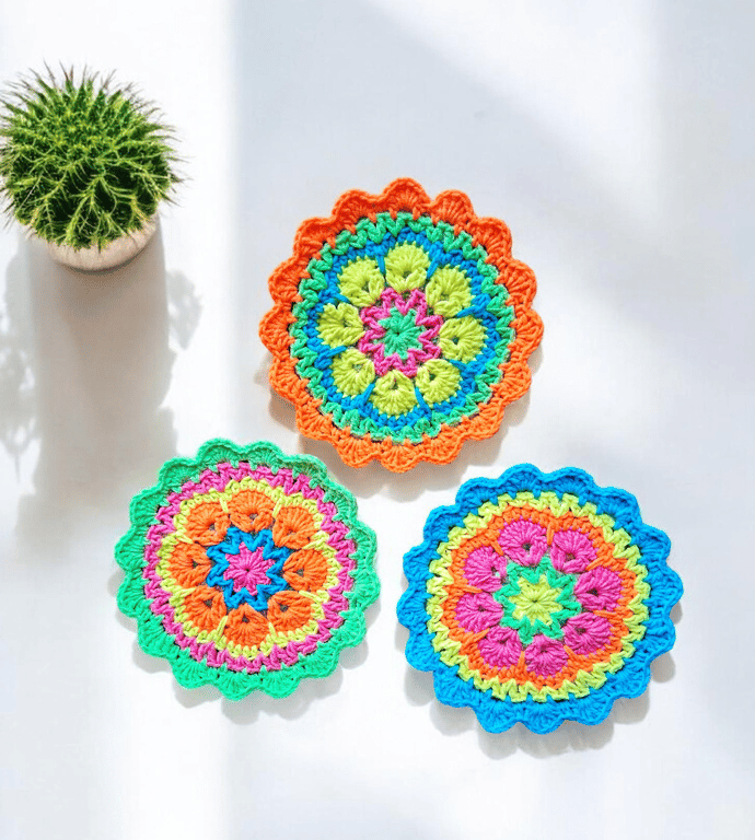 ultra bright neon crochet mandala flower coasters, doilies