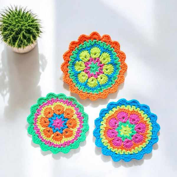 ultra bright neon crochet mandala flower coasters, doilies