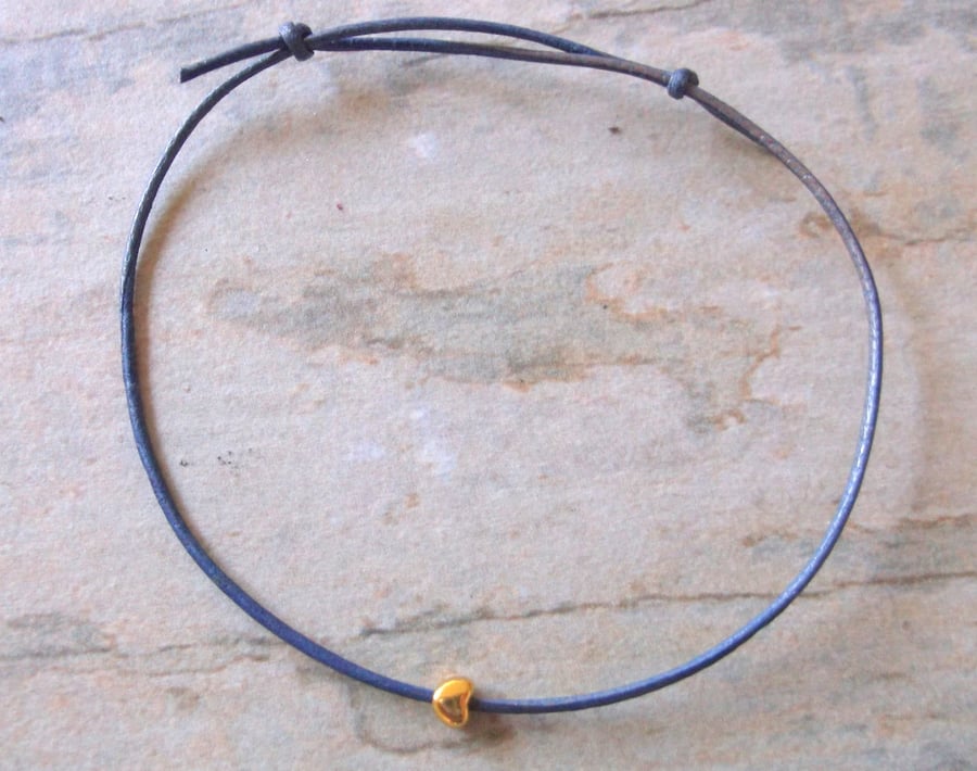 Minimal Purple Leather and Small Gold Heart Friendship Bracelet, Stacking 