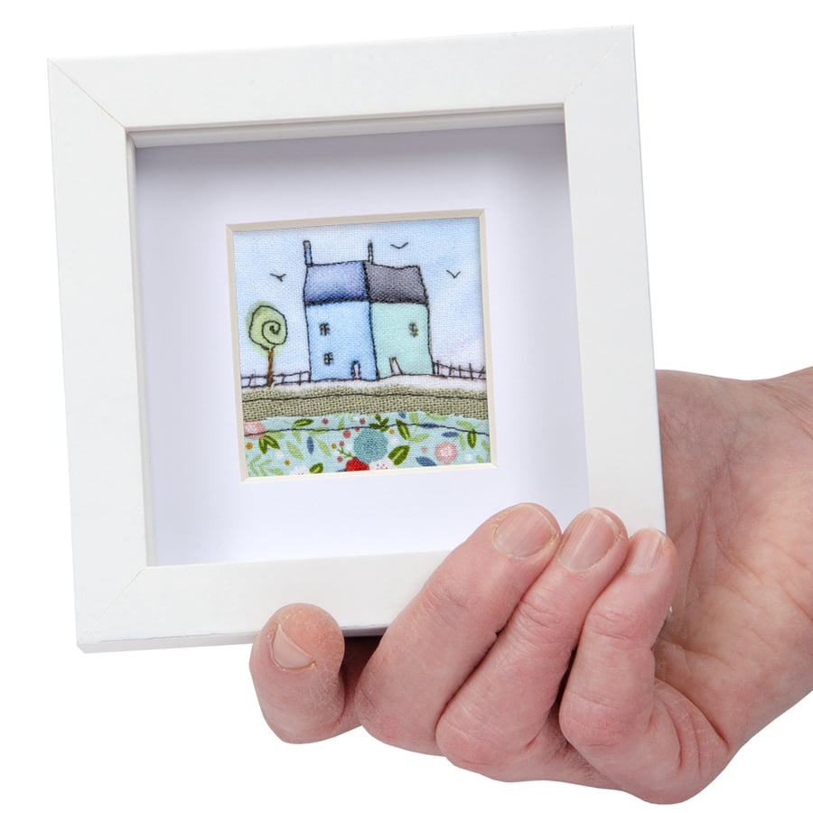 Little blue houses fabric picture, textile art, gift