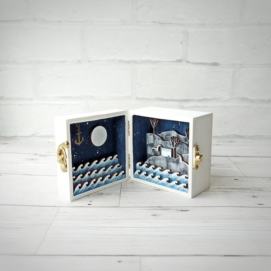 Cottage on the Cliff Shadow Box, Nautical Diorama, 3d Seascape